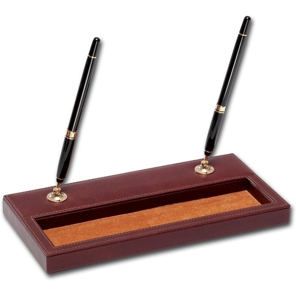 NWT. Executive Dacasso A3004 Leather Double Pen Stand Desk Set, Mocha